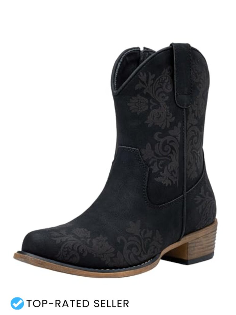 Women's Square Toe Ankle Cowboy Boots Low Block Heel Faux Leather Side Zip